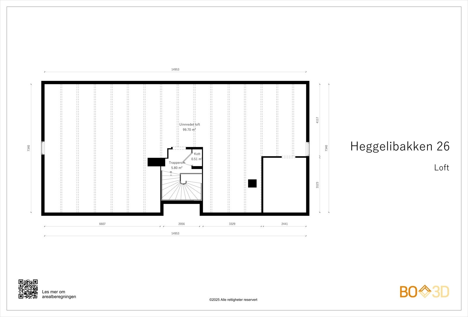 Planskisse loft: Med fast trapp til trappegangen i 2.etasje ledes man til et fantastisk loft med svært luftig takhøyde og med gulvflate på 108 kvm hvorav 83 er måleverdig. Galleribilde
