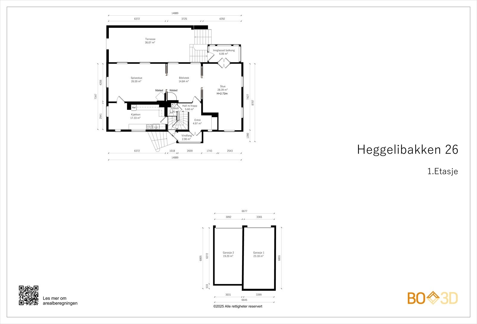 Planskisse 1.etasje: En lys oppholdsetasje på 113 kvm med 2,72-2,75 meter takhøyde bestående av inngangsparti, 3 store stuer, spisekjøkken, gjeste-wc og hagestue med utgang til markterrasse/hage. Galleribilde