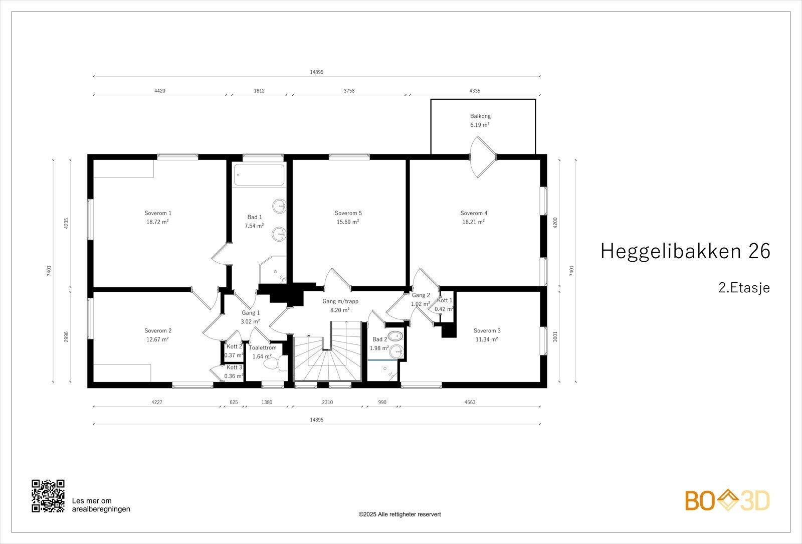 Planskisse 2. etasje: Soveromsetasje på 110 kvm med takhøyde på 2,75-2,80 m takhøyde. Etasjen er innredet med 5 store soverom, 2 bad, utgang til balkong fra ett soverom og flere kott. Fast trapp til loftet. Galleribilde