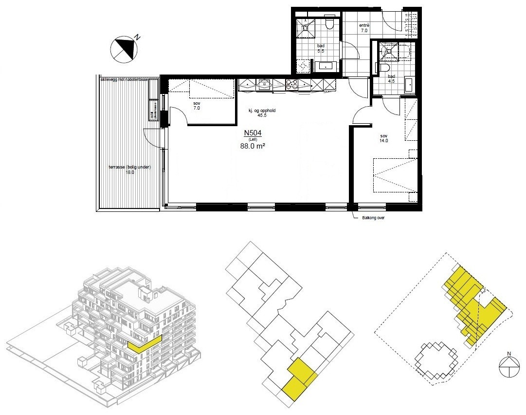 Plantegning og lokaliseringsfigur for leilighet N504. Galleribilde