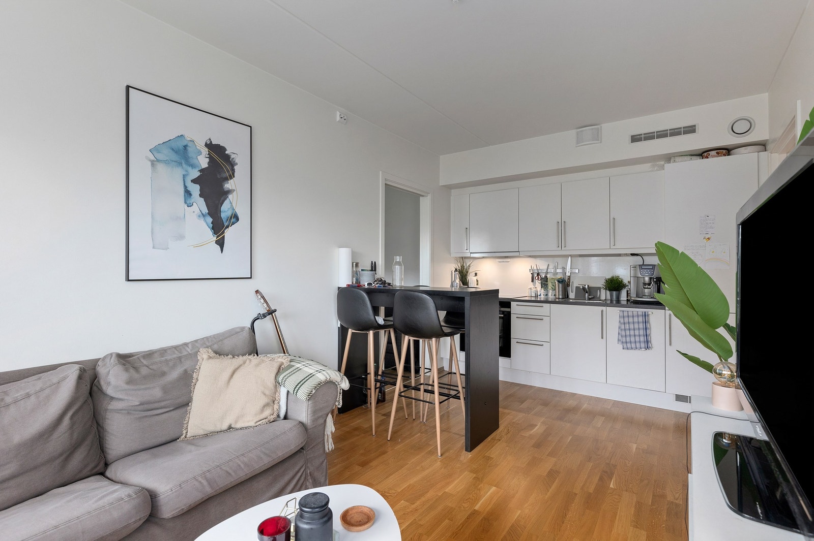 Man har god plass til både spisegruppe og sofagruppe med tilhørende TV-møblement. Galleribilde