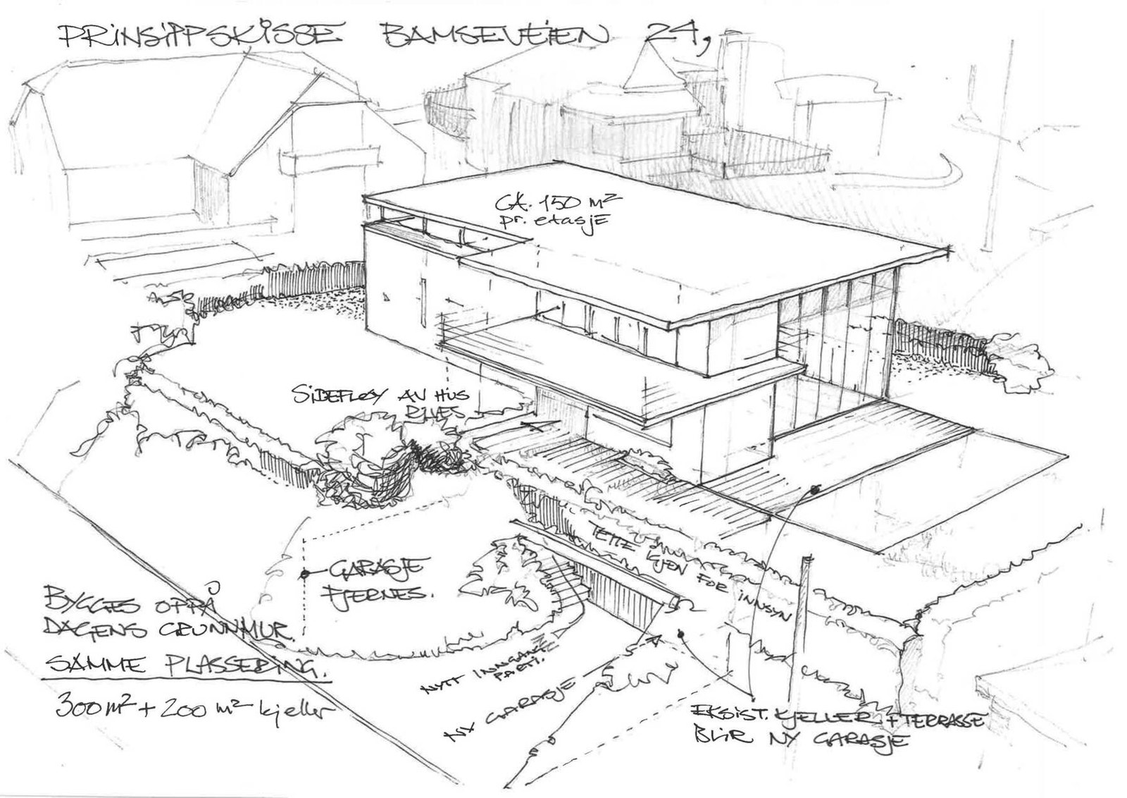 Prinsippskisse fra arkitekt for utvikling/påbygging av kun Bamseveien 24. Estimat: 300 m2 BOA + 200 m2 kjeller ink. garasje Galleribilde