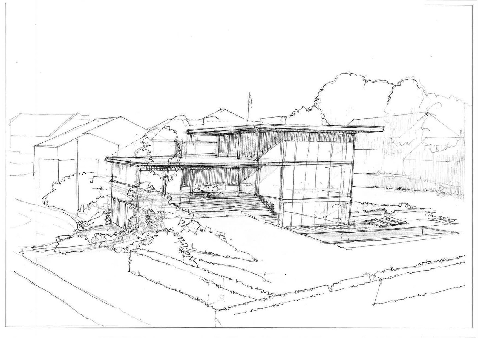 Prinsippskisse fra arkitekt for utvikling/påbygging av kun Bamseveien 26. Estimat: 275 m2 BOA + 166 m2 kjeller ink. garasje Galleribilde