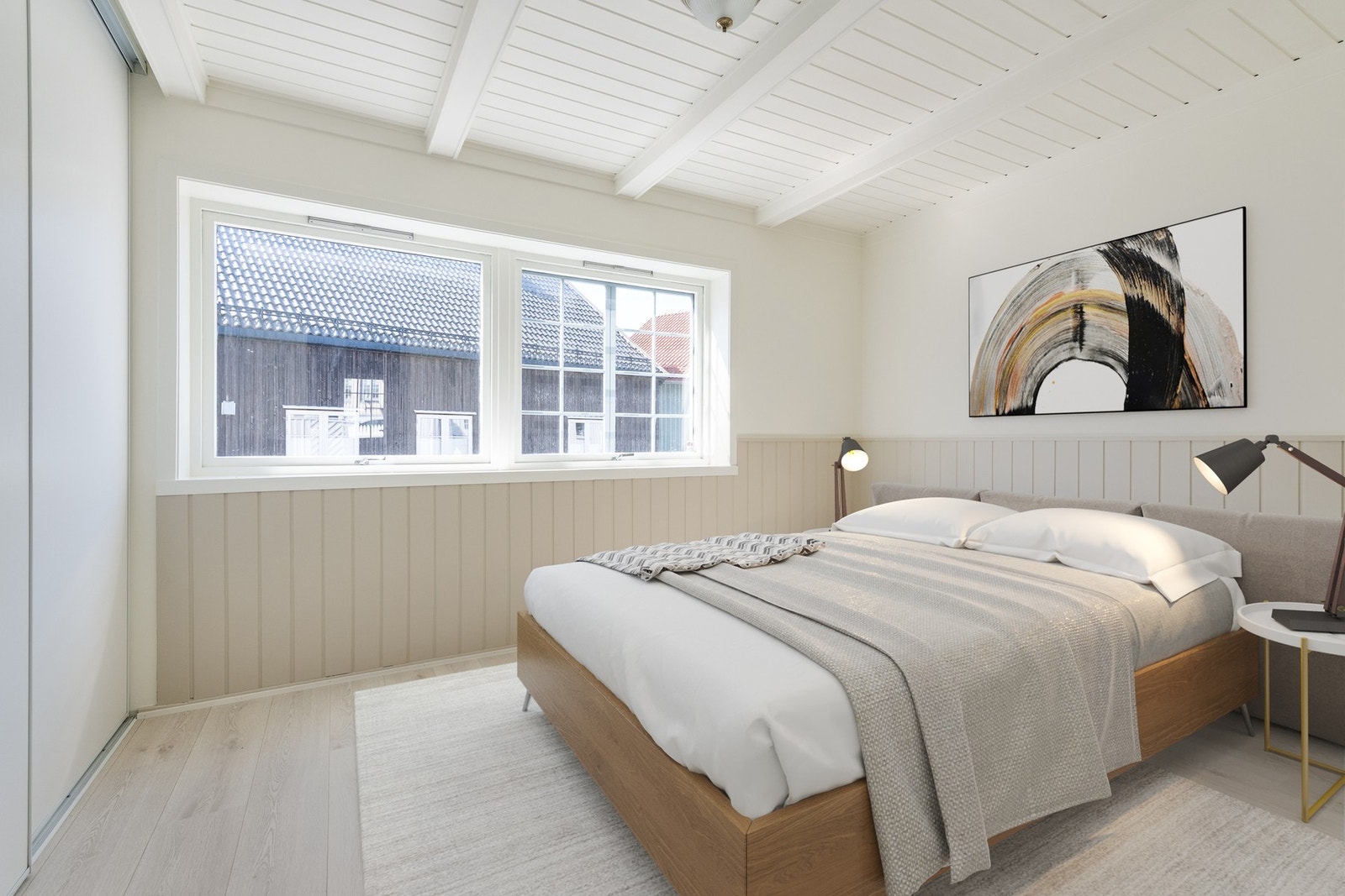 Det er ett soverom i 1.etg og tre i 2.etg. Her er det god plass til dobbeltseng og garderobeløsning. Det er lagt nye gulv og forøvrig malt soverommet. Galleribilde