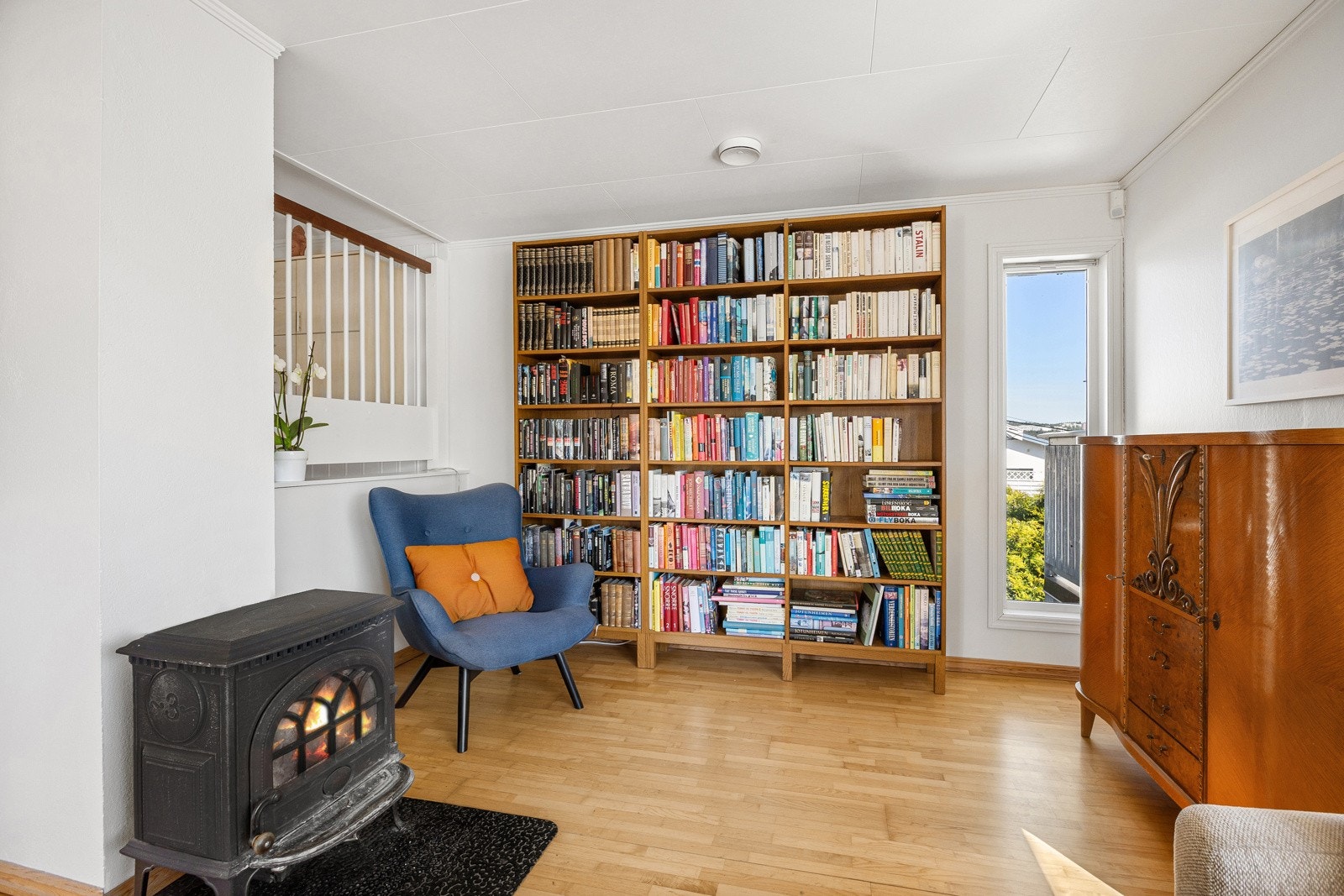 En flott peisovn bidrar med både varme og hygge, og store veggflater gir plass til kunst, hyller og TV-løsninger. Galleribilde