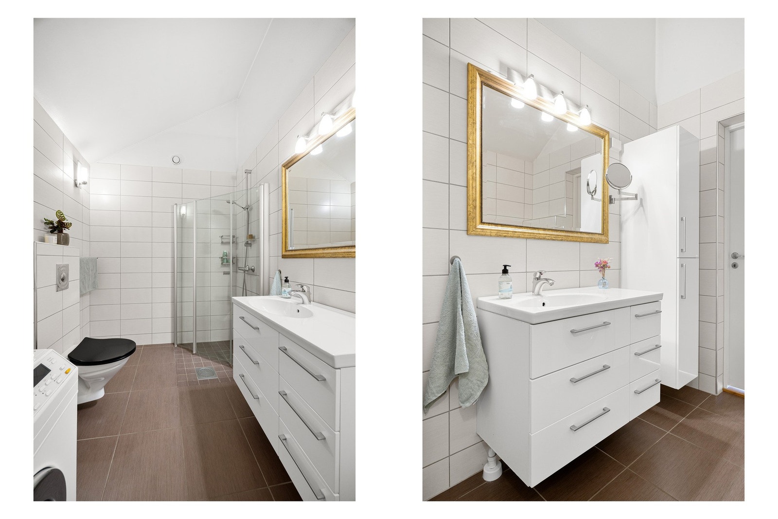 Det er målt tilstrekkelig fall på badegulvet og 30 mm høydeforskjell mellom topp sluk og dørterskel. Galleribilde