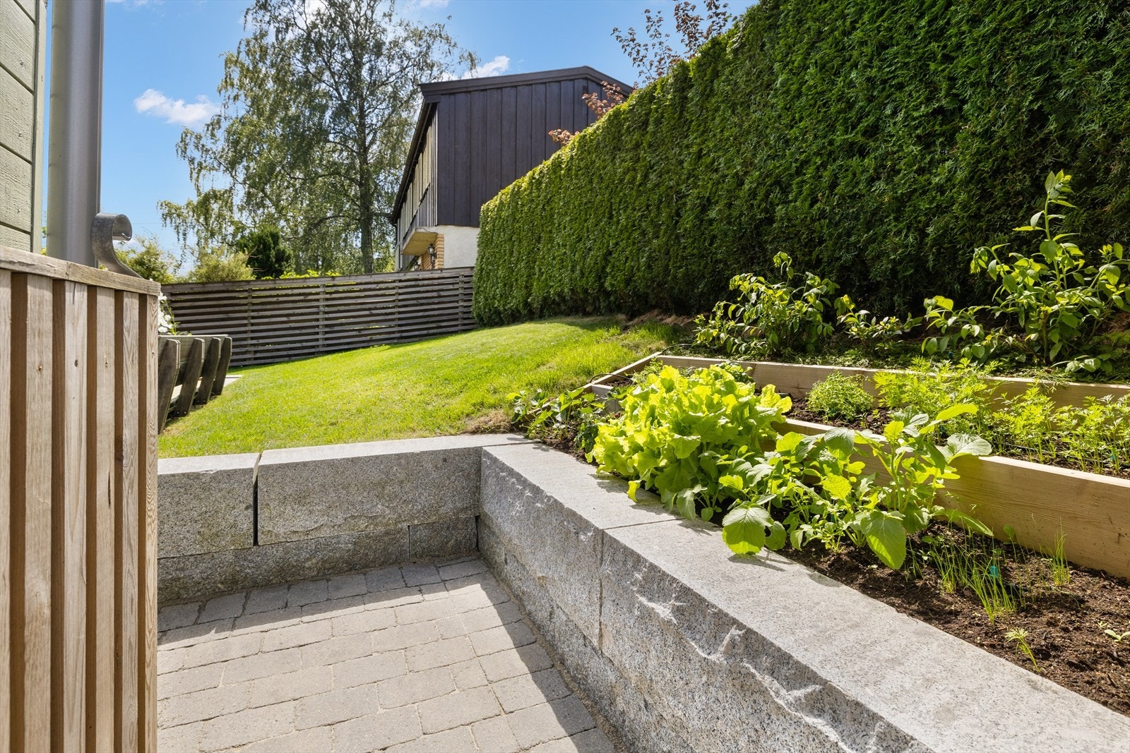 Pent anlagt uteparti med egendyrkede frukt og grønnsaker rett utenfor kjøkkenet Galleribilde