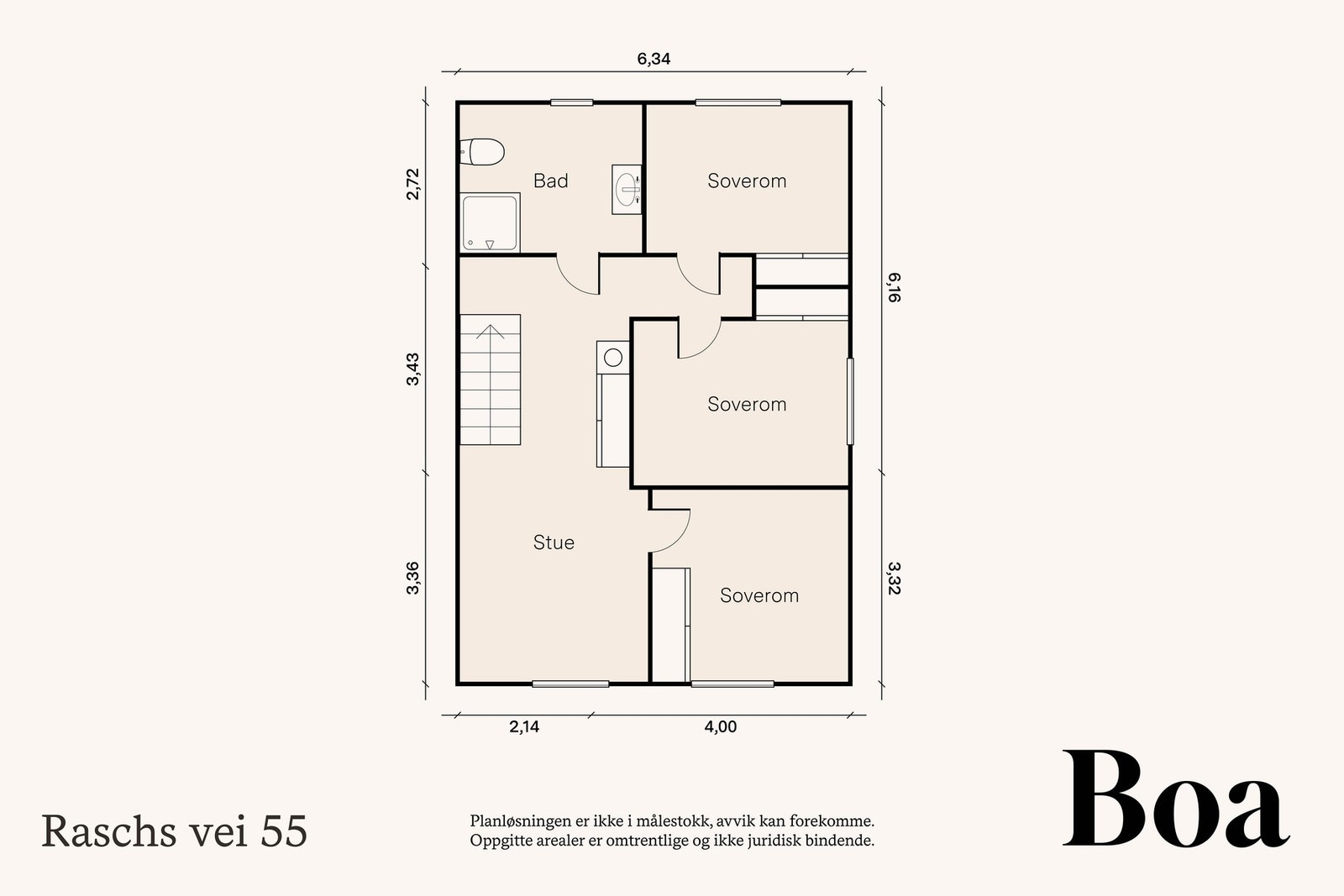 2.etasje: Stue m/trapp, bad og 3 soverom. Romhøyde 2,39 m i soverom med flat himling og opptil 3,46 i tilbygg. Galleribilde