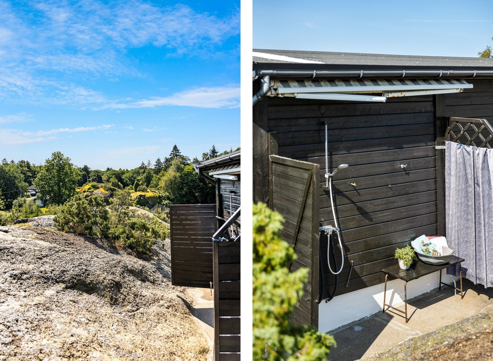 På baksiden av hytta, mot øst, er det laget en usjenert utedusj med levegger på sidene og en markise i overkant. Her ser du både himmel og natur. Galleribilde