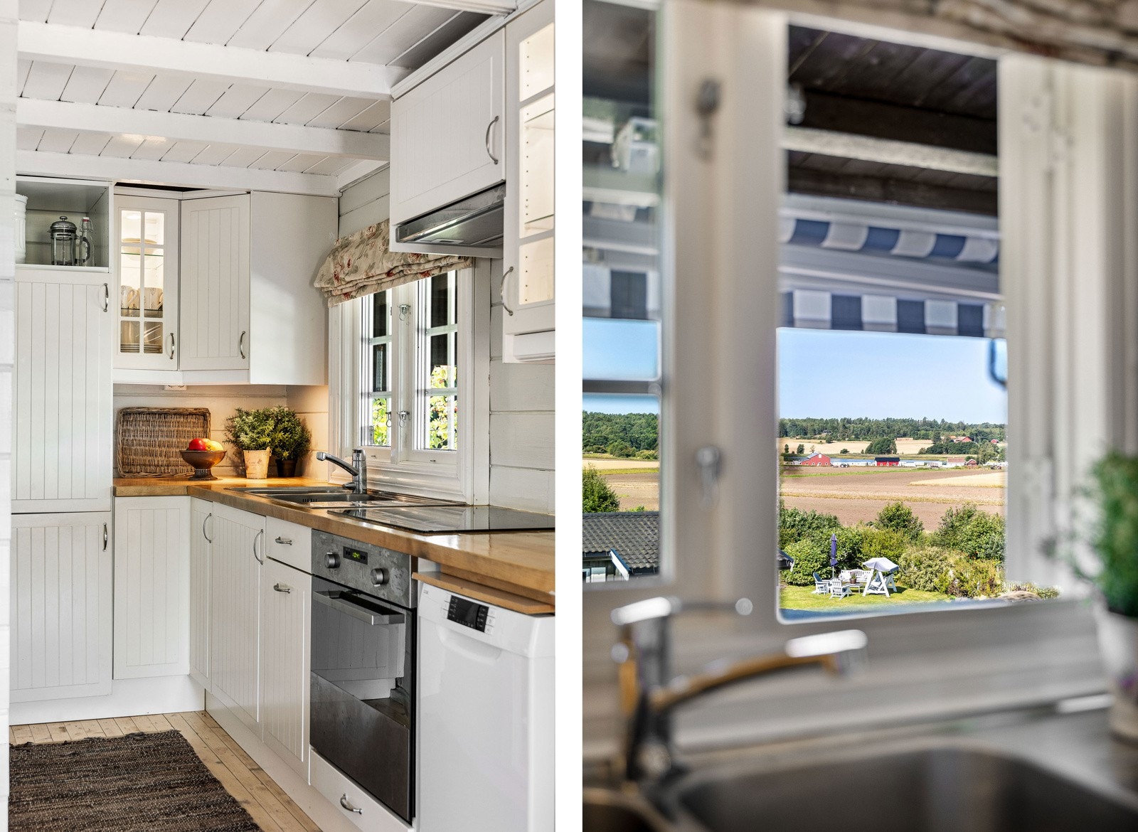 Kjøkkenet har benkeplate i heltre med nedfelt vaskekum og kullfilterventilator over kokesonen. Galleribilde