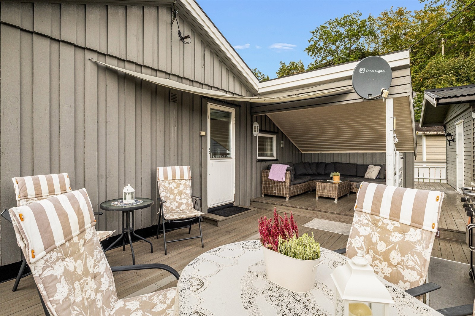 MÅLTIDENE HOLDES HELST utendørs sommerstid. Terrassen er som en ekstra stue. Deler av denne er overbygget og har seil over i adkomstsonen. Her nytes tiden ute både i fint vær og på ruskedager. Galleribilde