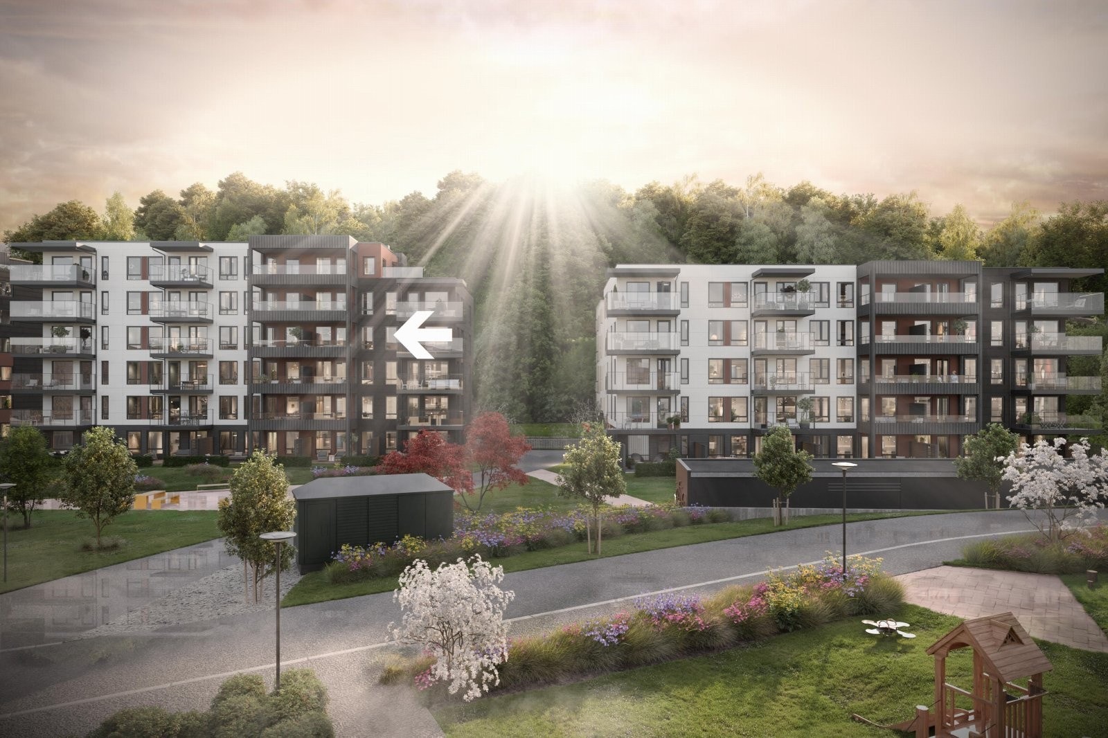 Fasdebilde pilen viser plassering til leiligheten vi har for salg. Illustrasjonsbilde avvik kan forekomme. Galleribilde