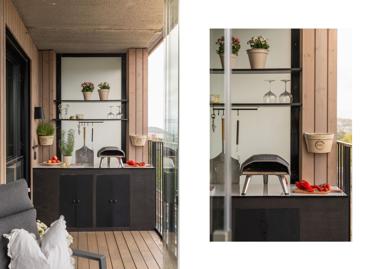 Det er etablert et praktisk og plassbygd utekjøkken som legger til rette for optimalisert bruk av balkongen. Galleribilde