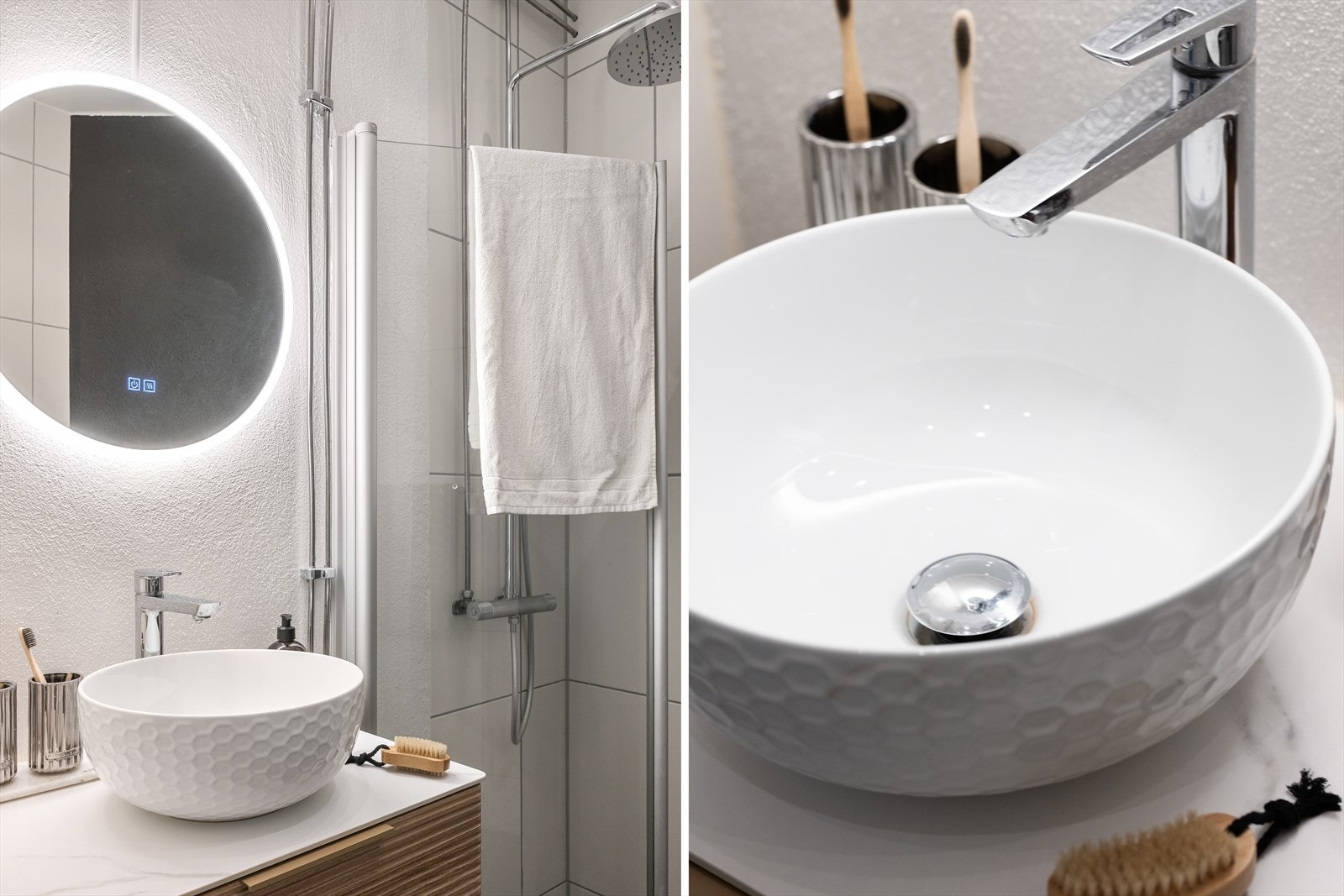 Badet har lun gulvvarme som skaper en behagelig atmosfære - Opplegg for vaskemaskin finner man på kjøkkenet Galleribilde