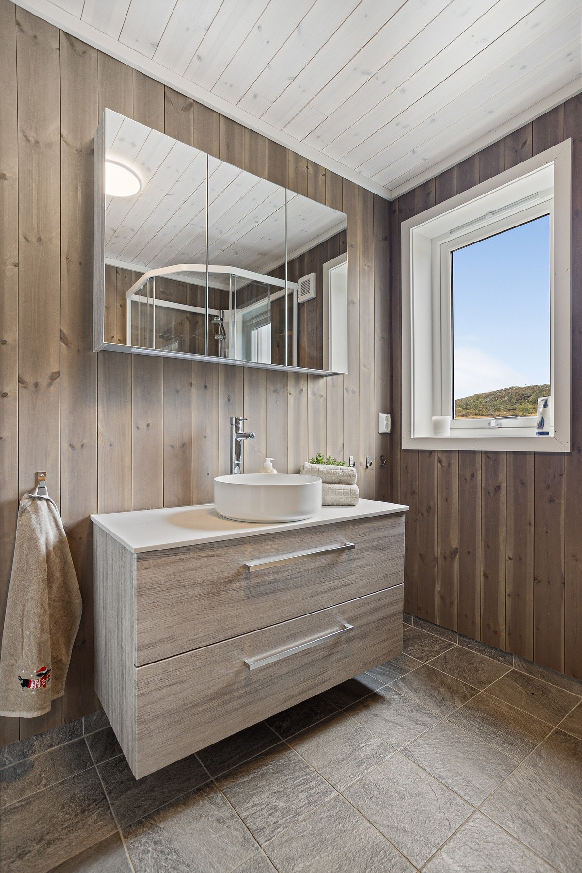 Badet inneholder toalett, baderomsinnredning, dusjkabinett og inngang til badstue Galleribilde