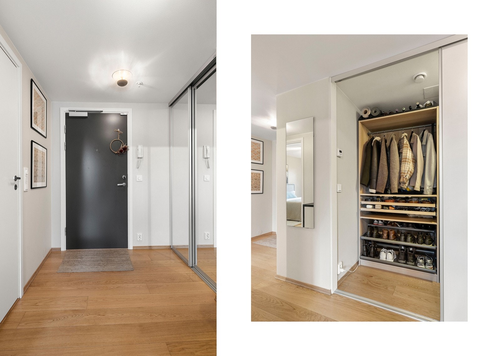 Entréen gir et godt førsteinntrykk med romslig garderobeløsning og plass til både yttertøy og sko. Galleribilde