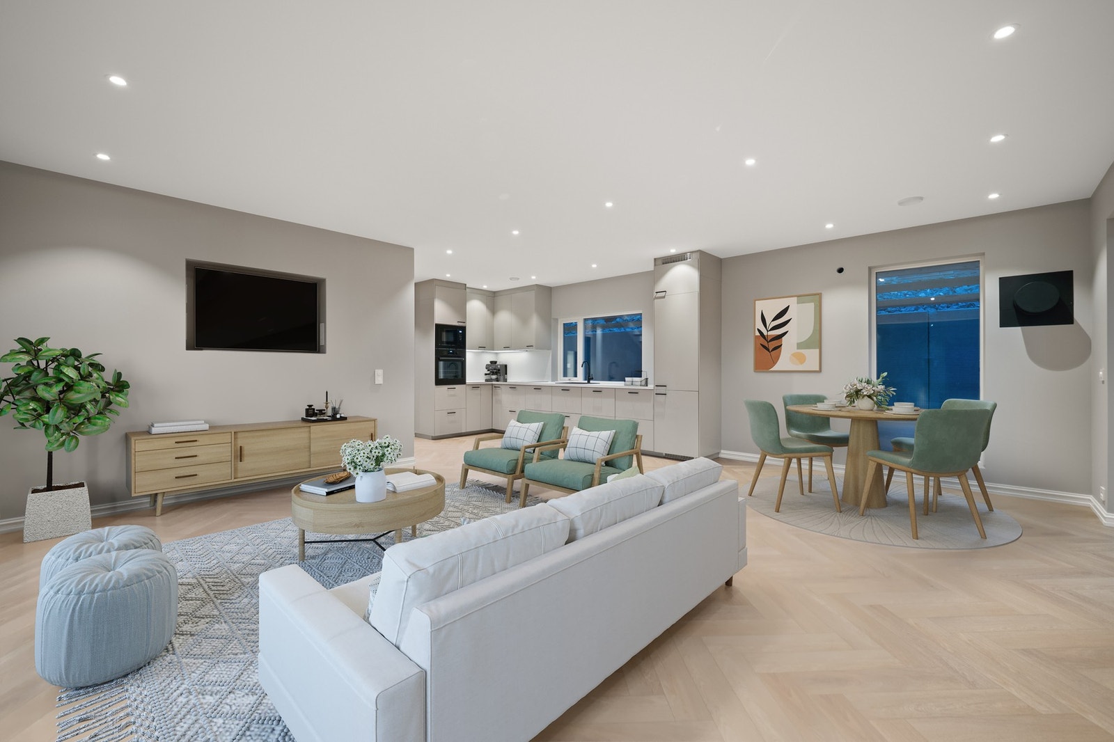 Den åpne planløsningen i 1. etasje gir boligen en luftig atmosfære. Galleribilde