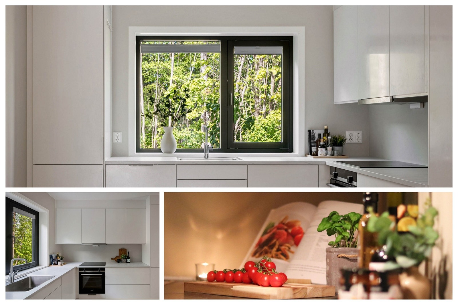 Et moderne kjøkken med utsikt mot skogen gjør matlagingen til en hyggelig opplevelse. Kjøkkenet er fra Sigdal og leveres med integrerte hvitevarer fra Siemens. Galleribilde