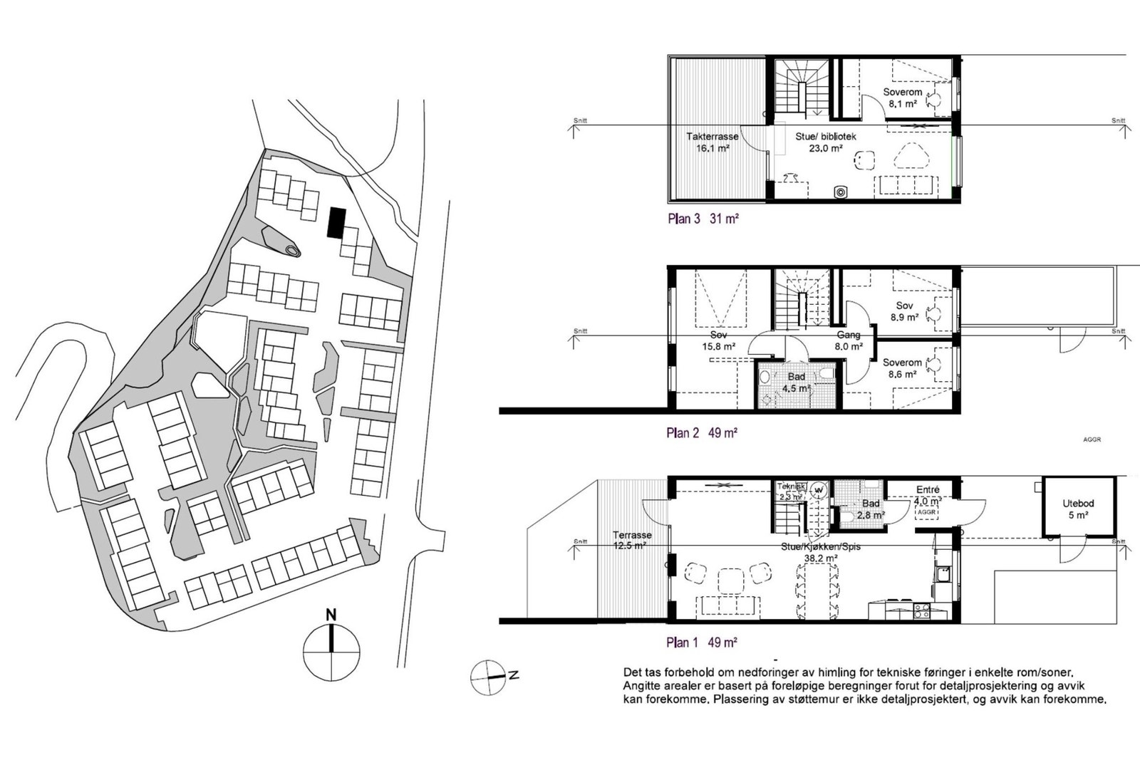 Planløsning og beliggenhet på boligfeltet. Boligen ligger innerst i rekken, med en ekstra skjermet beliggenhet. Galleribilde
