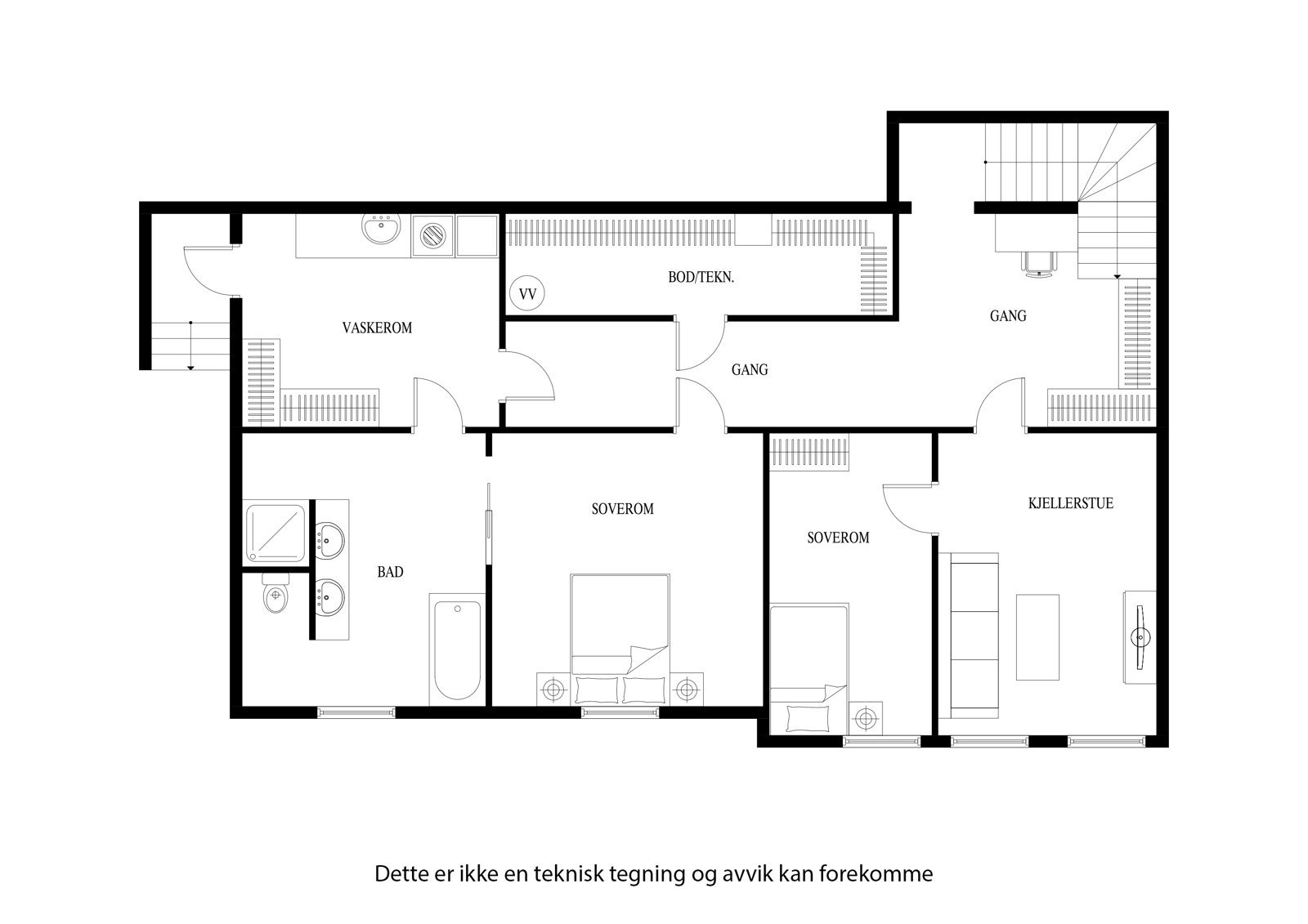 Planløsning for underetasjen (hele etasjen er omsøkt og har ferdigattest - godkjent for varig opphold) Galleribilde