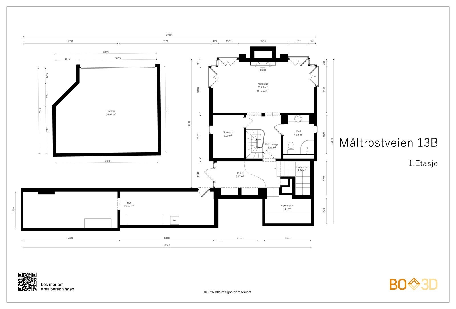 1.etasje, BRA-i 65m²: Inneholder entré, garderobe, soverom, hall, bad og stue. I tillegg er det bod med adkomst utenifra på 30 m². Galleribilde