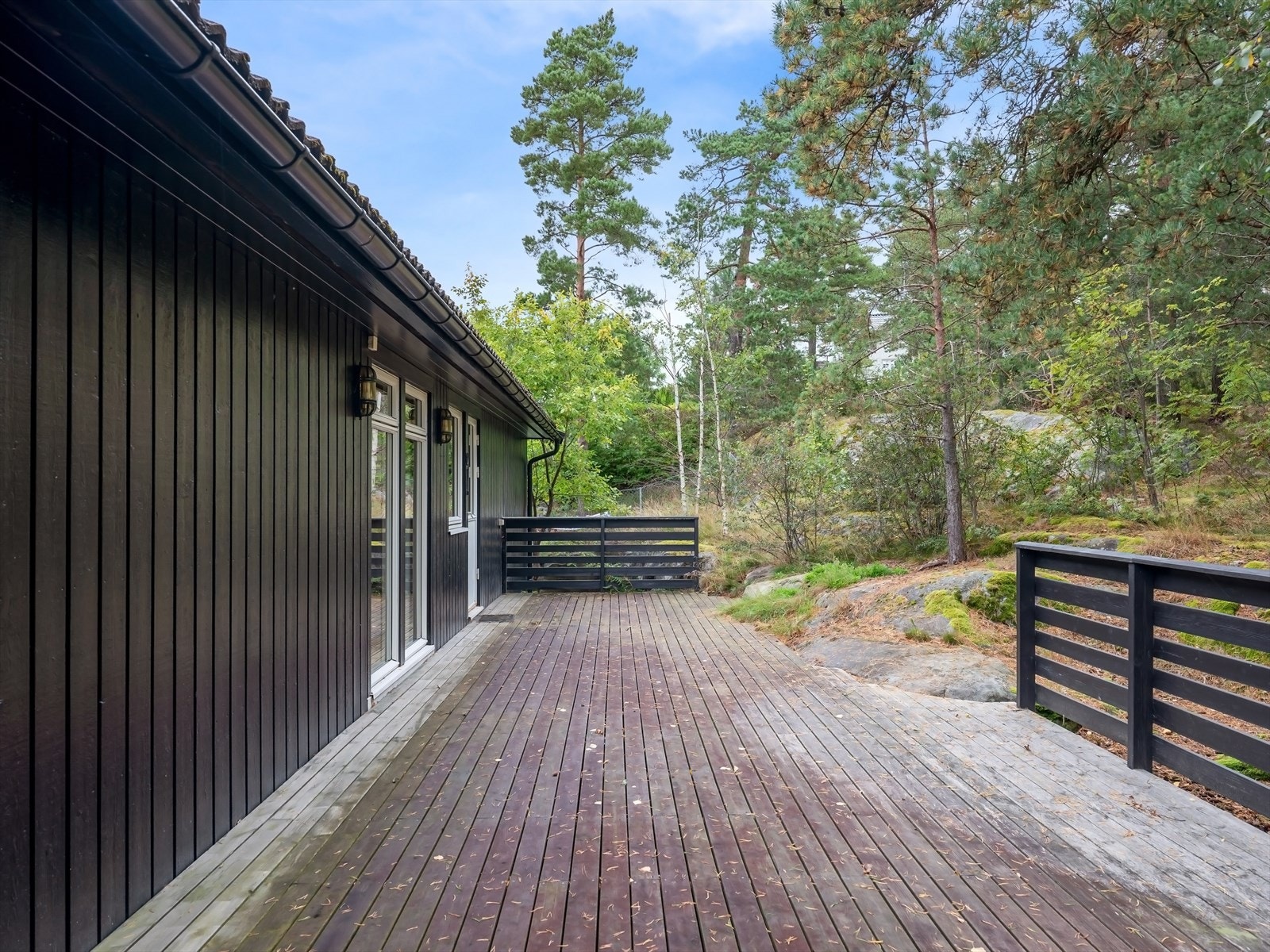 Terrasse bak boligen mot skogen. Galleribilde