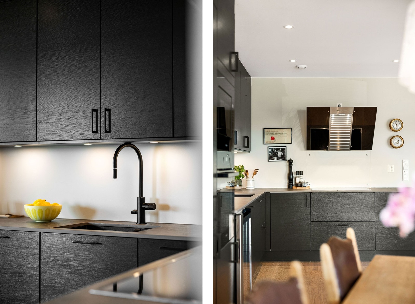 Kjøkkenet har en praktisk utforming med glatte fronter i mørk og moderne utførelse Galleribilde