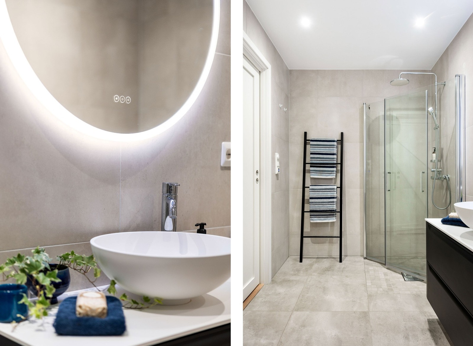 Badet har stemningsfull belysning og speil med ekstra lys. Galleribilde