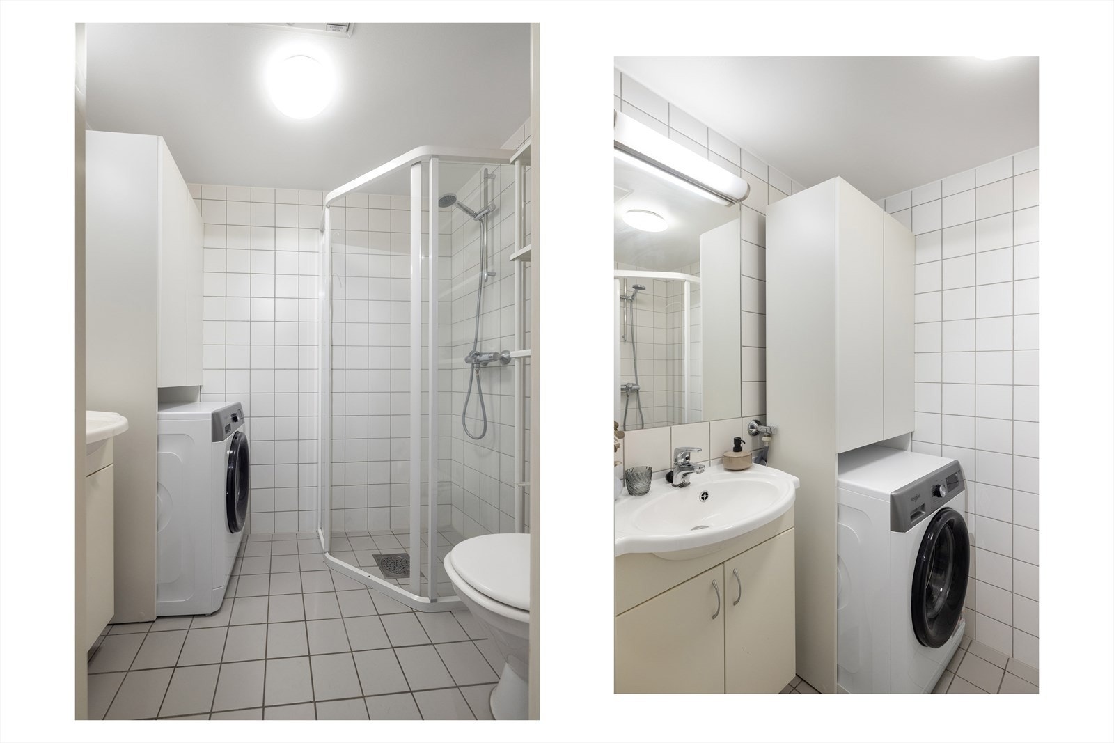 Badet har flislagte overflater, elektriske varmekabler og opplegg for vaskemaskin. Badet inneholder dusjhjørne med skyvedør i glass, toalett og baderomsinnredning med skuffer, servant med ett-greps blandebatteri og innmurt speil på vegg. Galleribilde