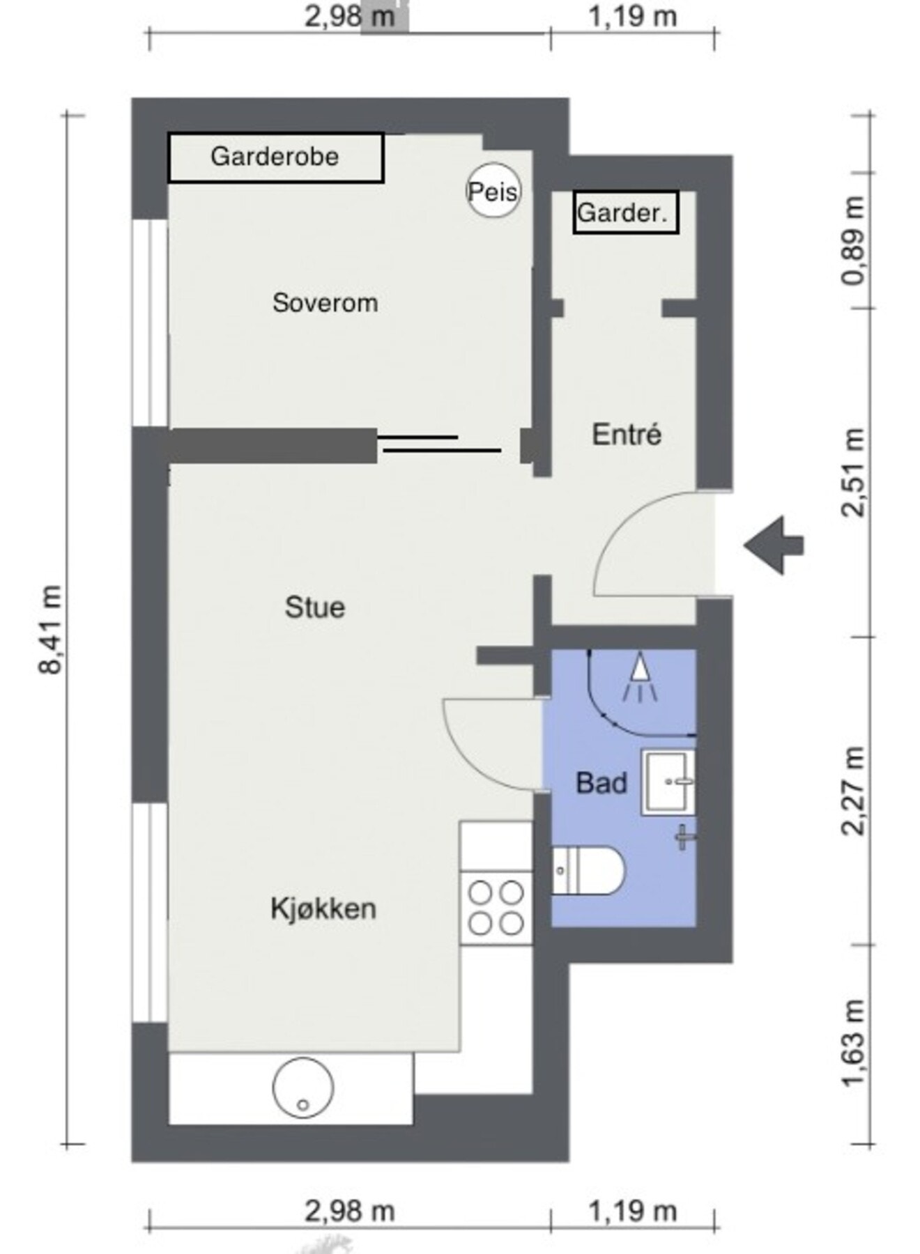 Plantegning. Leiligheten disponerer en kjellerbod på ca. 9 kvm og en loftsbod på ca. 2 kvm. Galleribilde