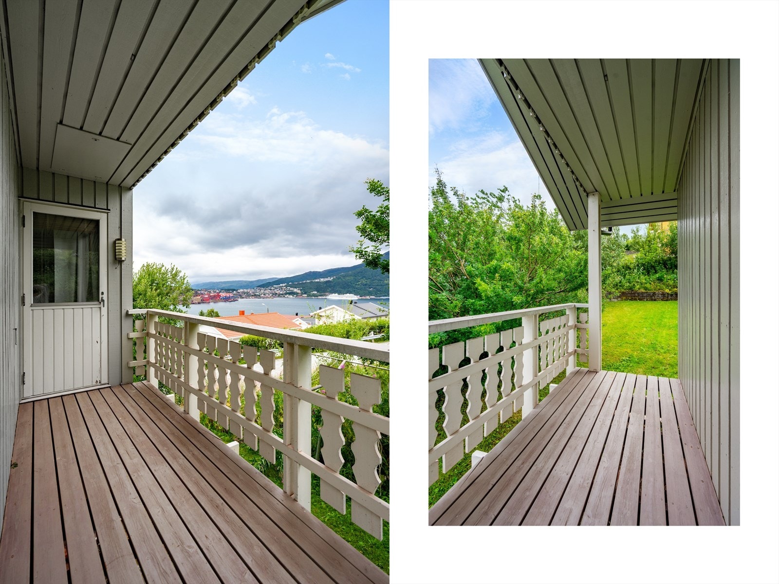 Overbygd veranda med utgang fra soverommet - skjermet og lun plass med utsikt mot fjorden og hagen Galleribilde