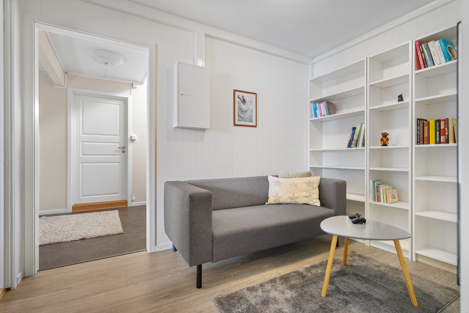 Lun TV-stue med plass til bokhyller og en koselig sofakrok Galleribilde