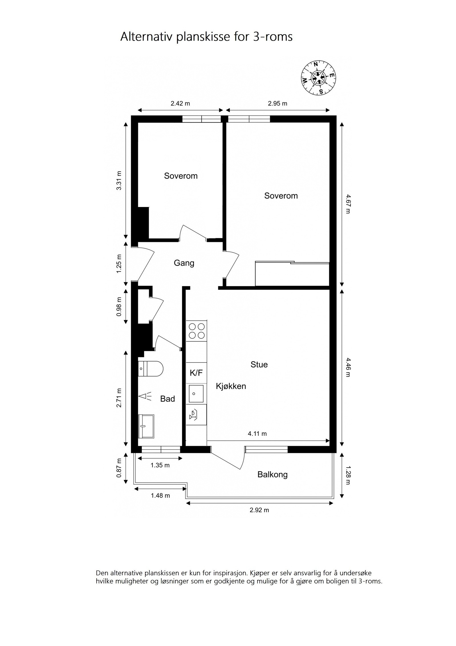 Alternativ planskisse for 3-roms. Galleribilde