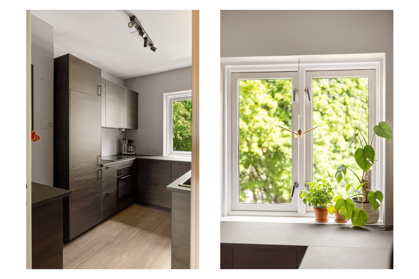 Leiligheten ligger sentralt, men skjermet og omgitt av trær - her er det hyggelig å lage mat! Galleribilde