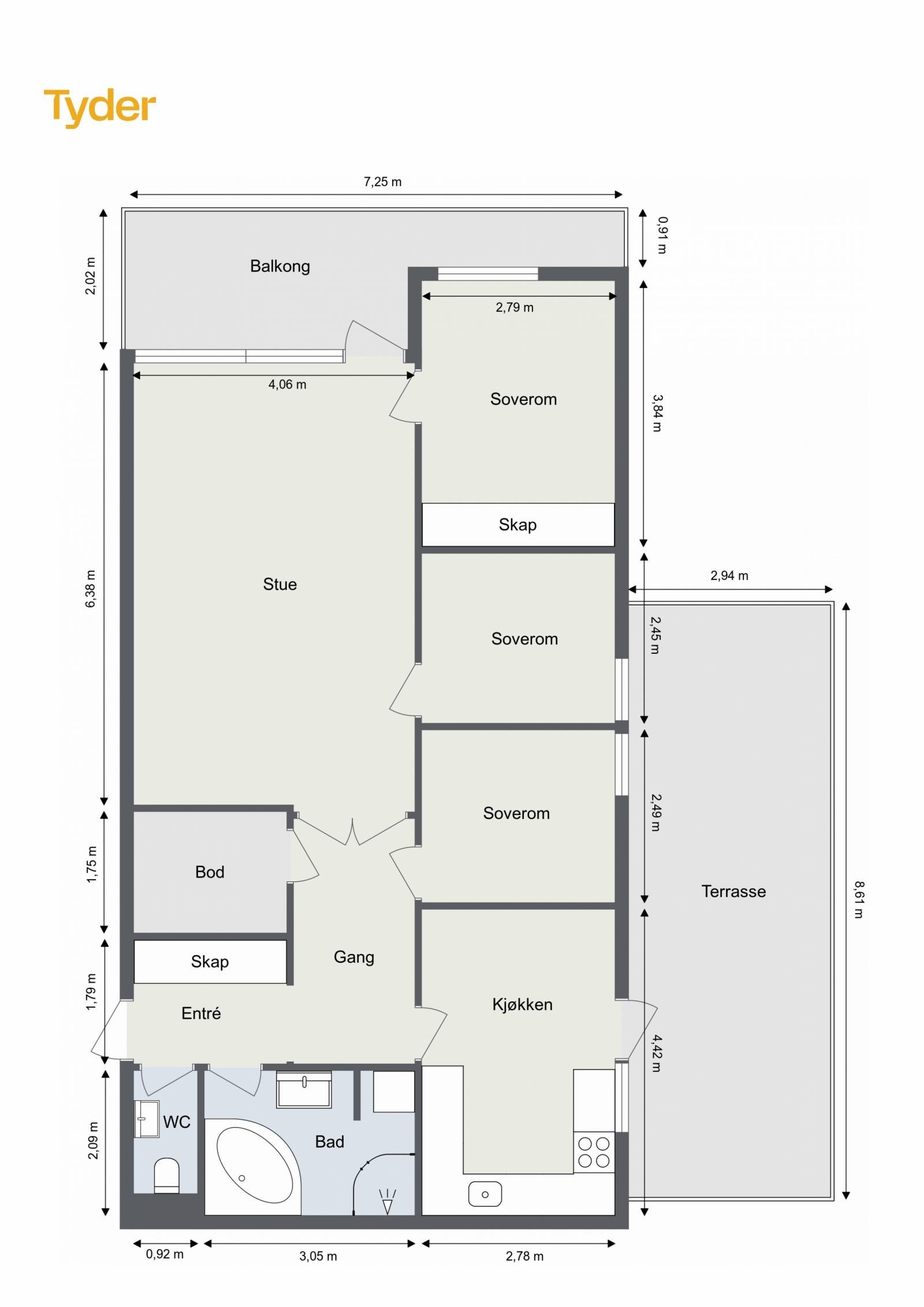 Planløsning: Entré, gang, kjøkken, stue, bad/vaskerom, wc-rom, 3 soverom og bod. Galleribilde