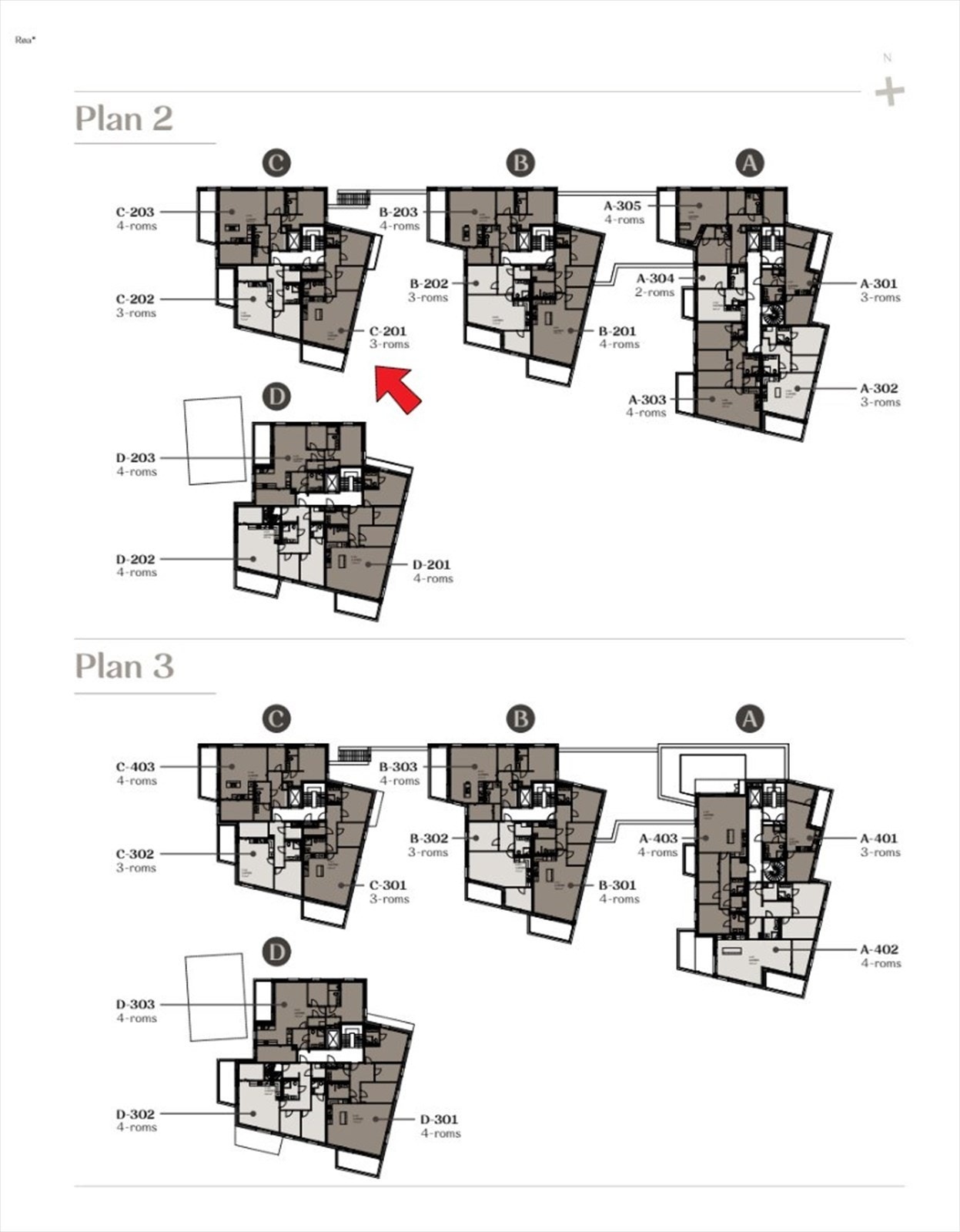 Etasjeplan med markering av leilighetens beliggenhet. Galleribilde