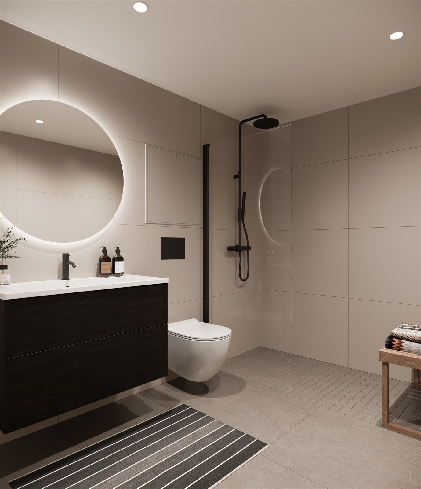 Illustrasjon | Eksempel på leveranse bad. Denne leiligheten har 2 bad. Bad leveres med lekre Marazzi-fliser. Avvik kan forekomme. Galleribilde