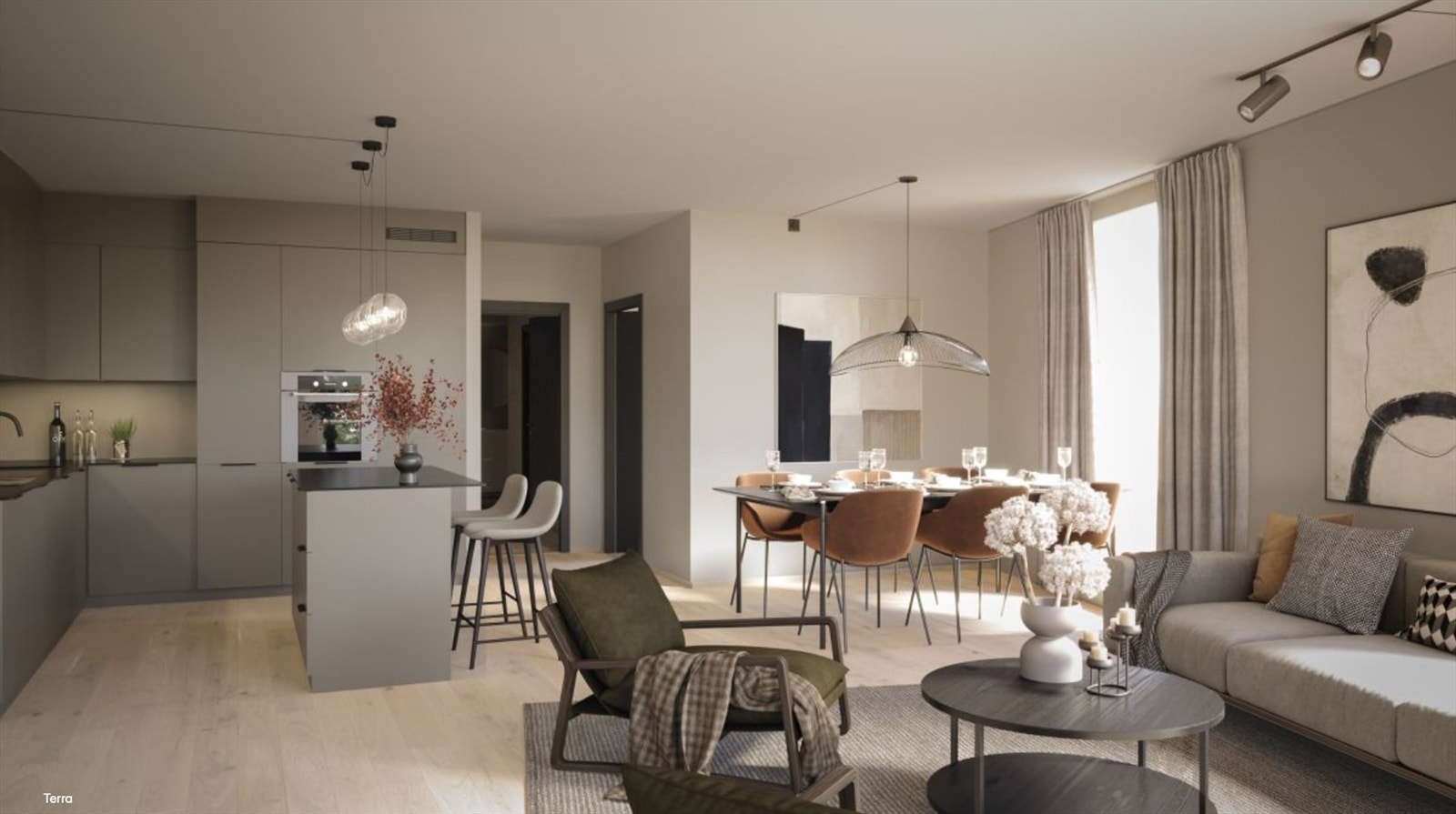 Illustrasjon på planløsning i stue/kjøkken for denne leiligheten. Kjøkkenet er i en annen konseptfarge (Terra). Avvik kan forekomme. Galleribilde