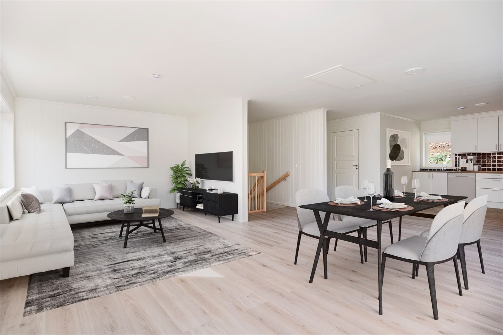 I 2.etg ligg stove og kjøkken som kjem i ei opa løysing, og kan lett innreiiast med både sitte- og etegrupper. Foto er 3D-redigert. Galleribilde