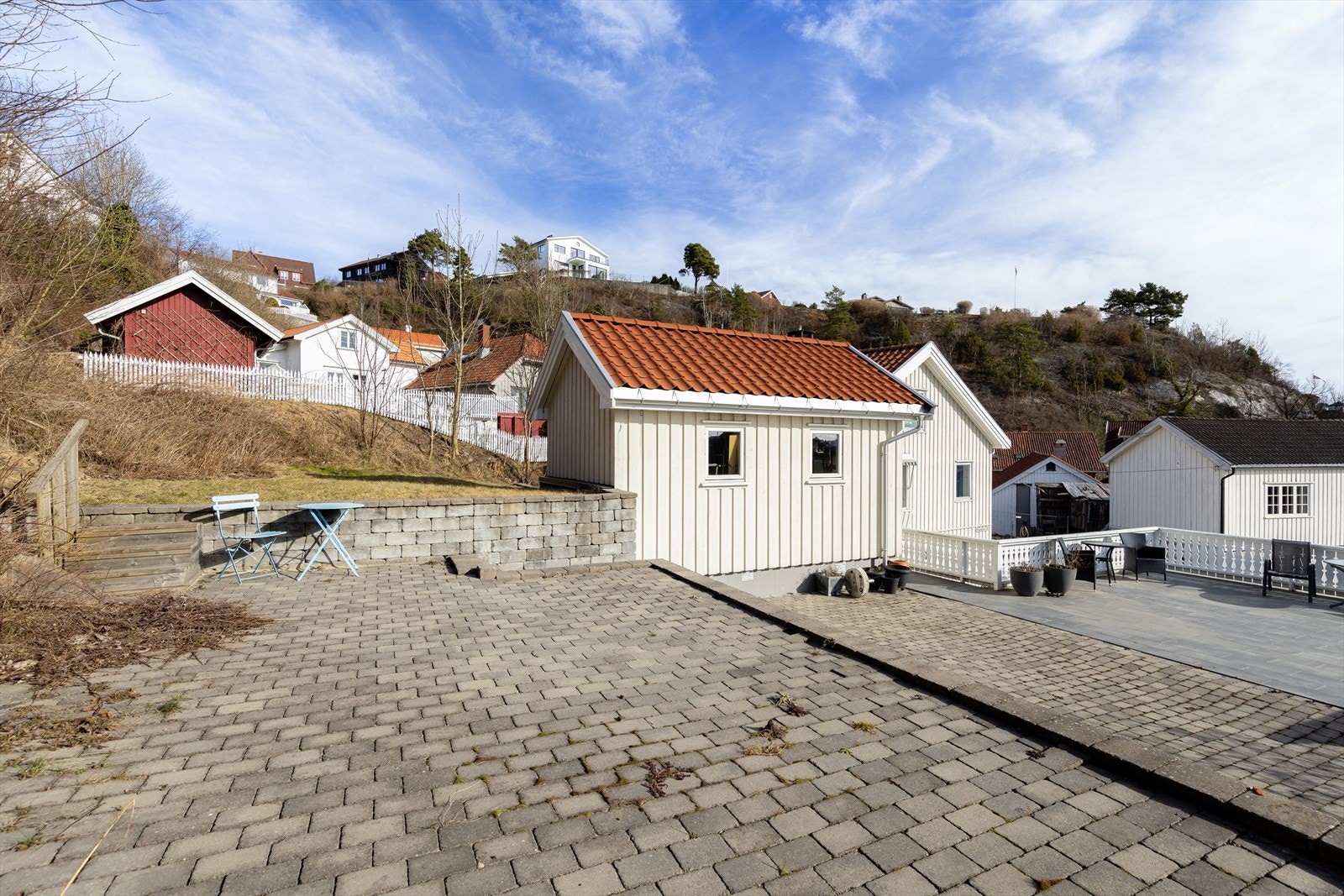 Hyggelig tomt, som er opparbeidet over flere nivåer, med asfalterte områder, støttemurer og fine uteplasser, samt hyggelig hage med plenarealer. Galleribilde