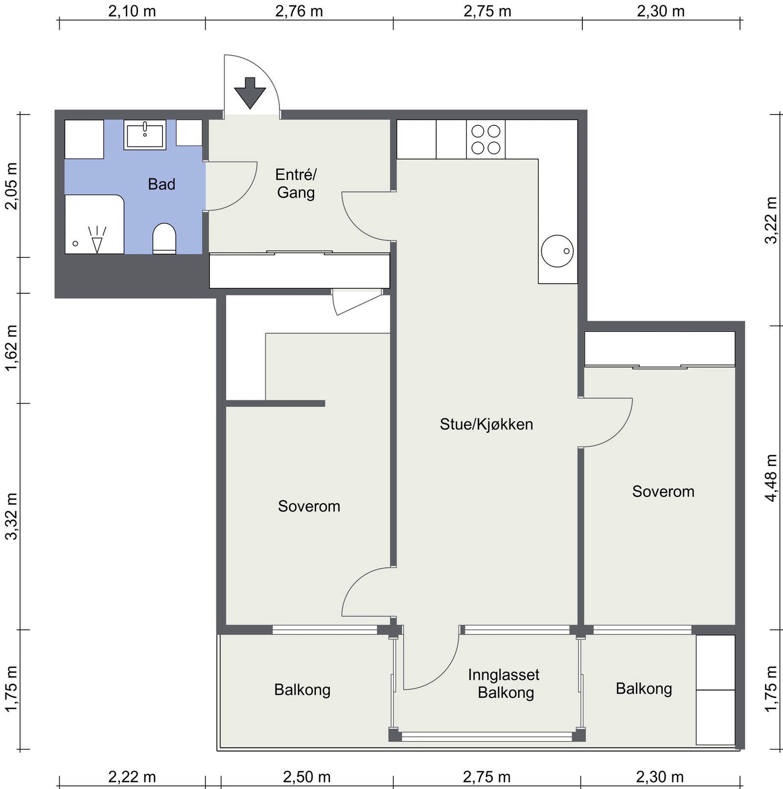 Plantegning. Det er dør mellom gang og hovedsoverom, som i dag er tildekket av etablerte garderobeløsninger. Galleribilde