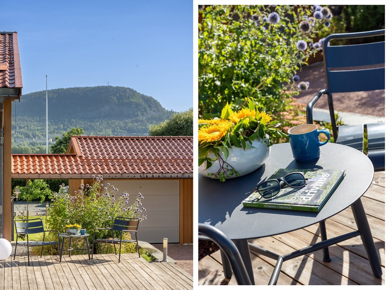 Platting med sone for morgenkaffe eller kveldsro - nyt uterommet i grønne omgivelser. Galleribilde