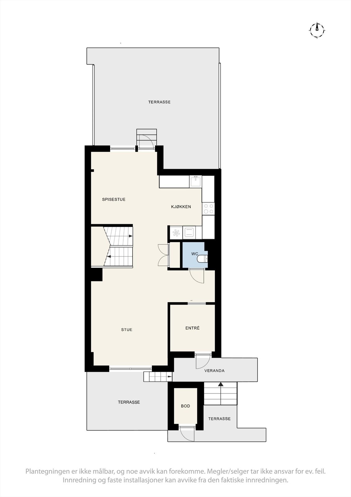 Rekkehuset har en fin og godt utnyttet planløsning over 4 plan. Her er plantegning fra 1.etasje. Galleribilde