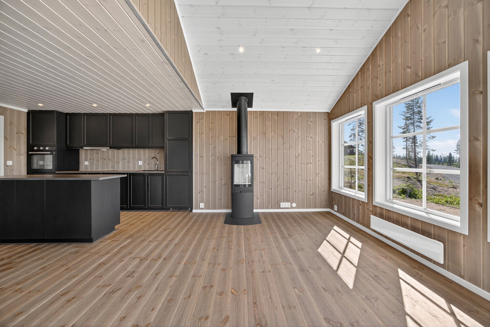 De store vinduene gir en pent naturlig lys inn i rommet. Galleribilde