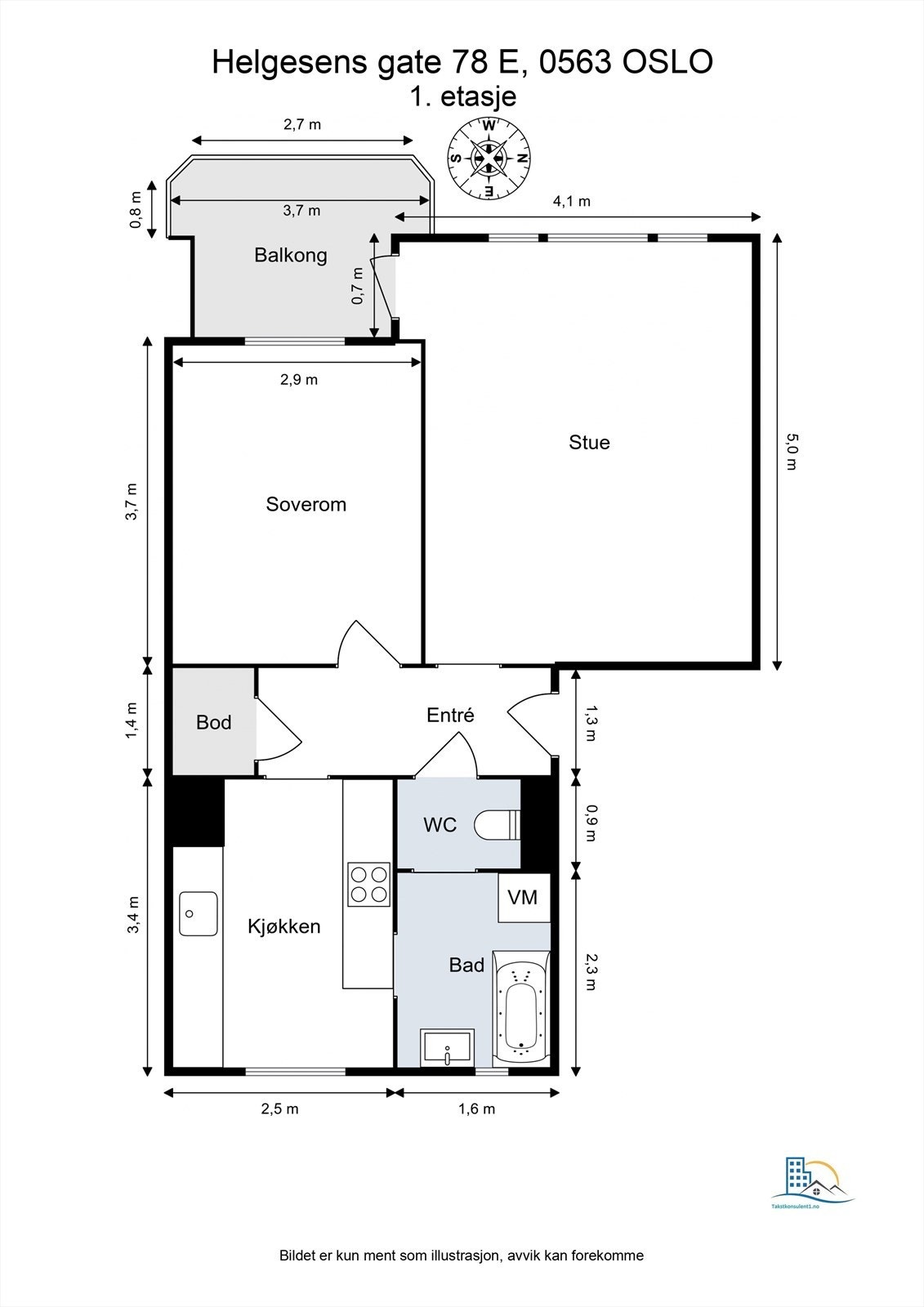 Leiligheten inneholder entré, stue/kjøkken, balkong, bad, toalettrom og soverom av god størrelse. Det er god lagringsplass i kjeller- og loftsboder. Galleribilde