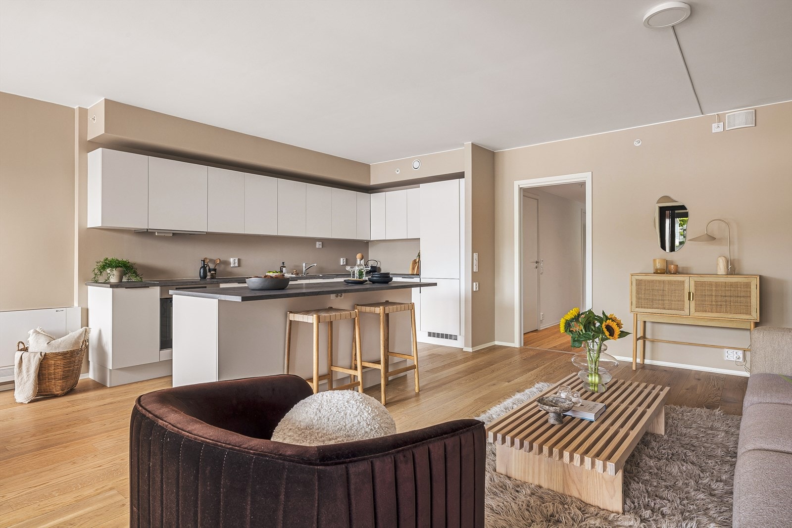 Merk varmekonvektoren tilstøtende kjøkkenet som varmer opp hele leiligheten på en effektiv måte. Galleribilde