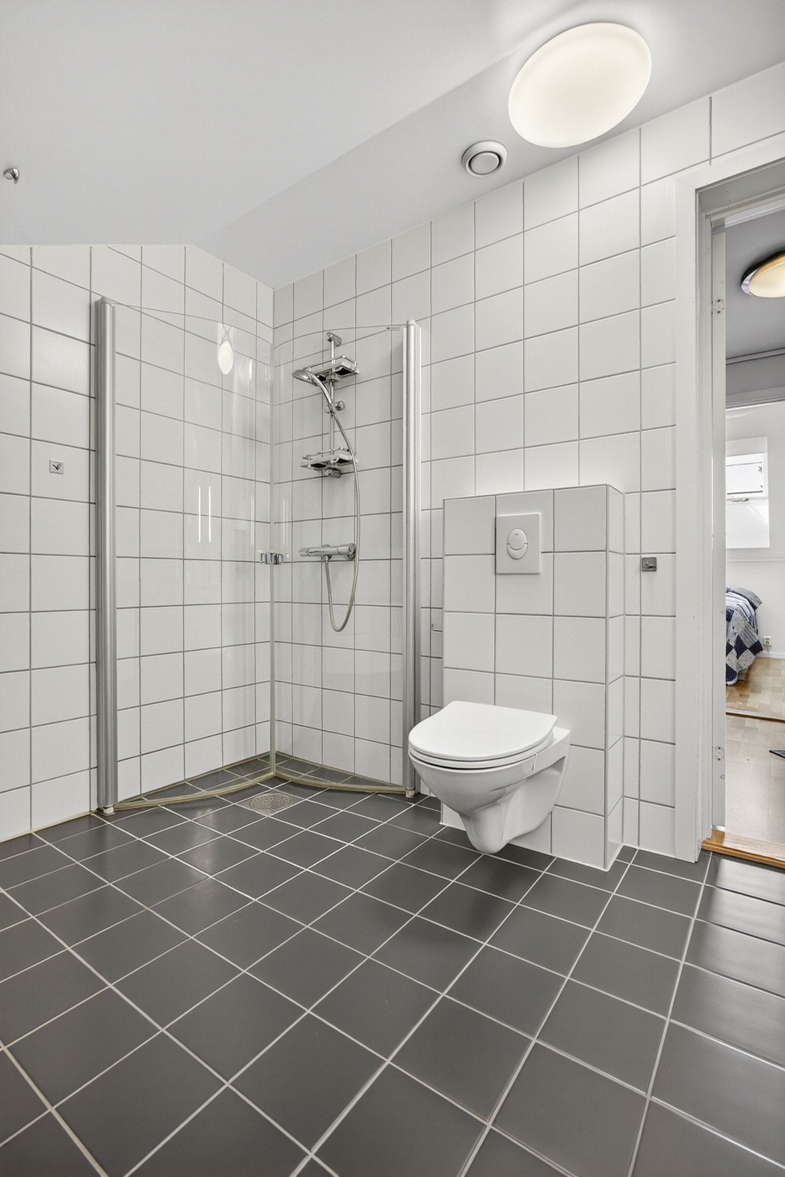 Videre har badet dusjhjørne med dører i herdet glass og veggfestet toalett. Galleribilde