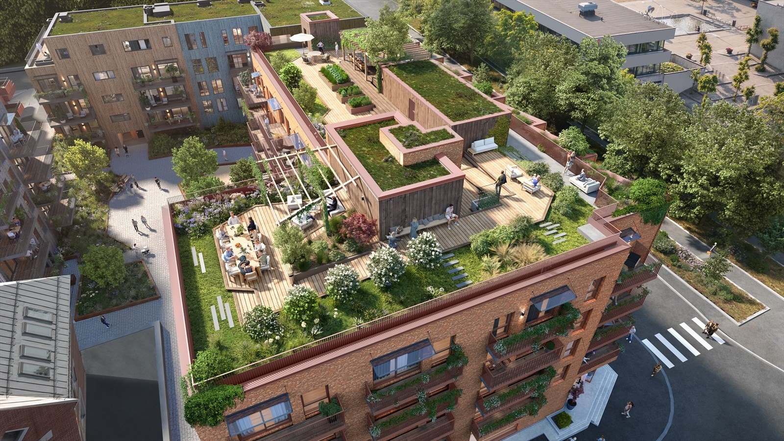 Bygg A får en flott, felles takterrasse/hage. Kun ment som illustrasjon. Galleribilde
