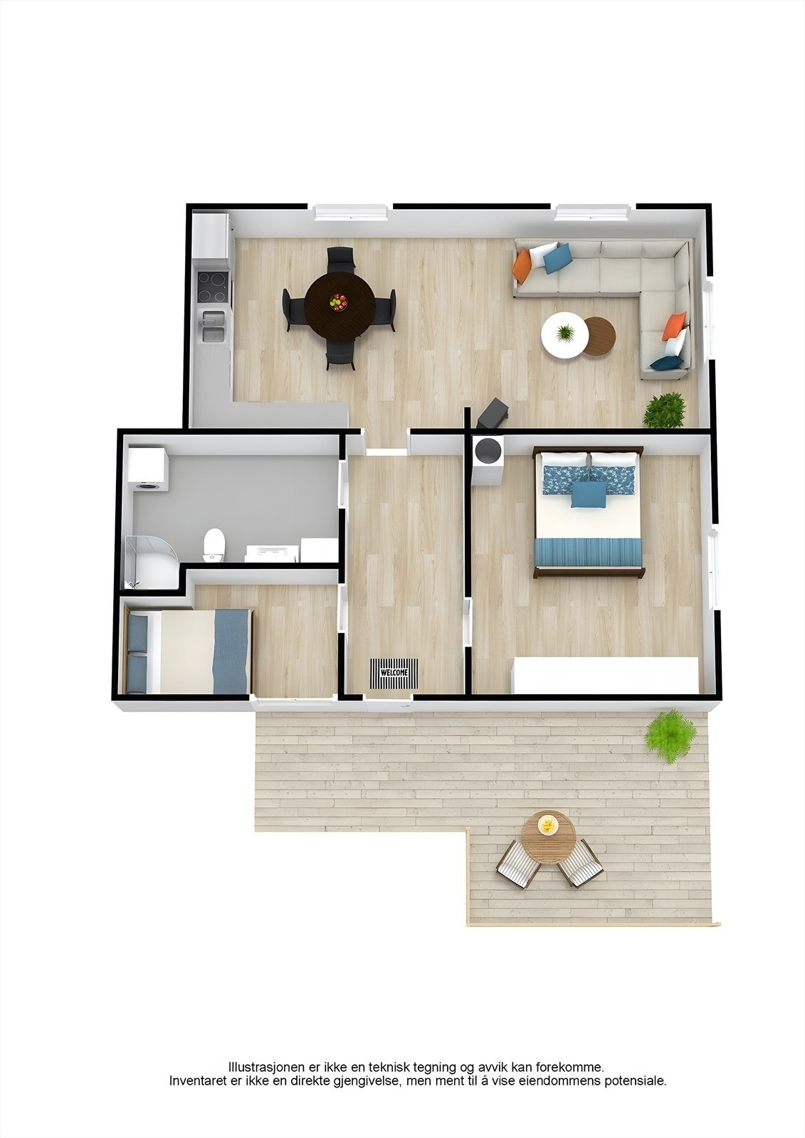 Leiligheten har en arealeffektiv planløsning på en flate og ligger i 1. etasje. Galleribilde