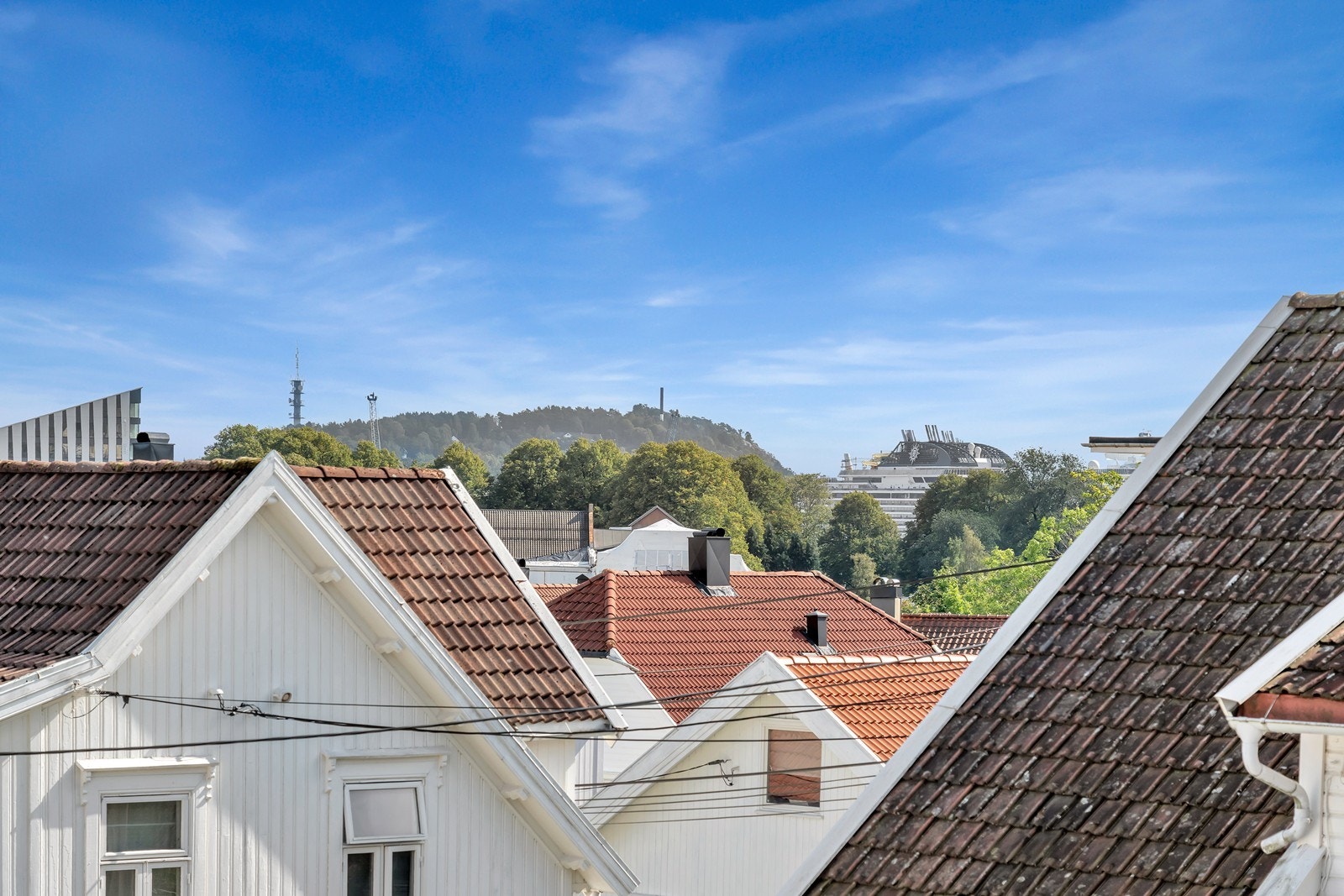Fra leiligheten kan du glimte til Odderøya og cruisebåtene som ligger til kai Galleribilde